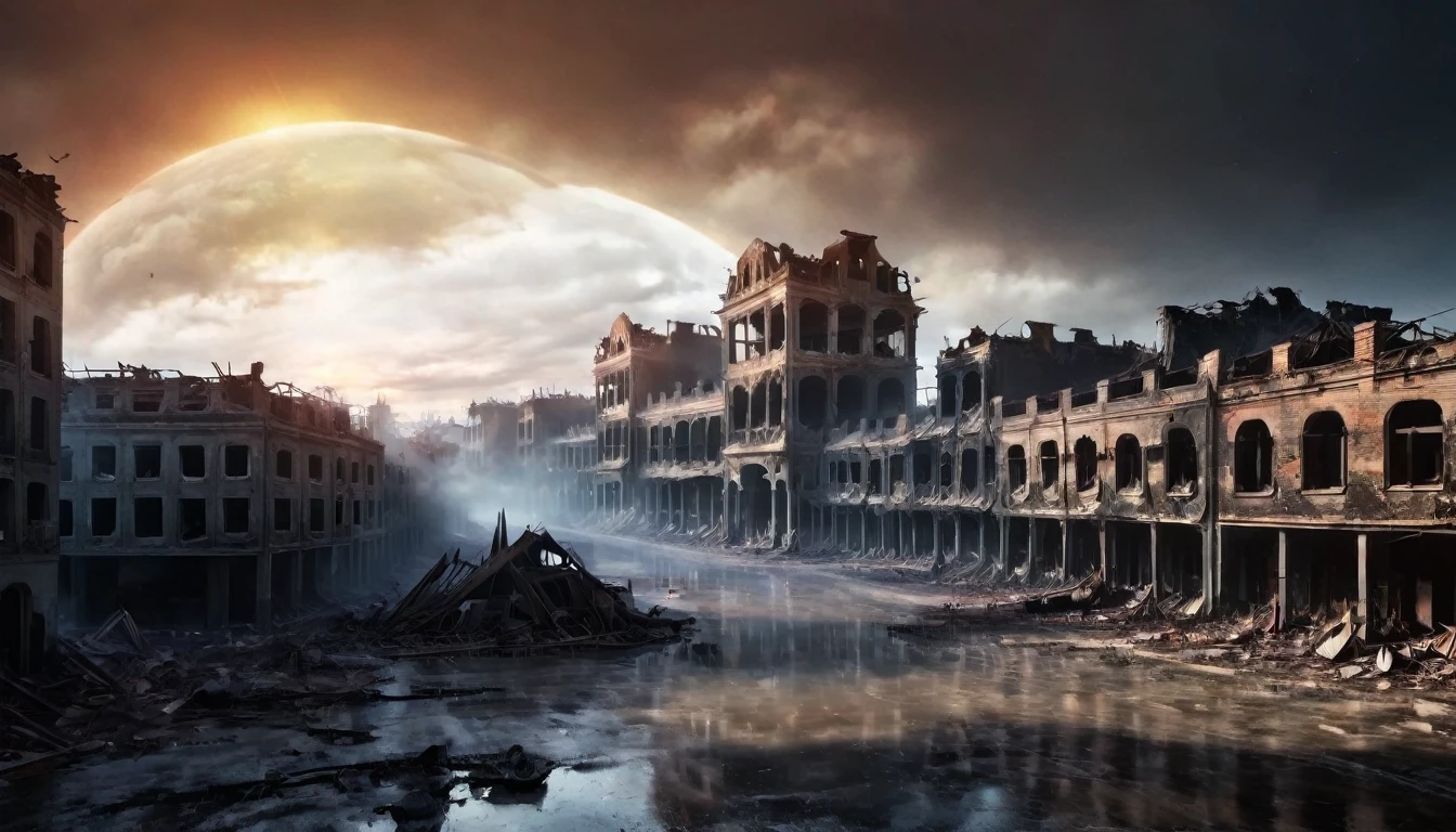 background design after the war, destroyed urban areas, destroyed buildings and buildings, building debris. smoky, dark, scary, tense atmosphere. the sun rises, shines. illustration. ((Best Quality, 8k, Masterpiece :1.3))