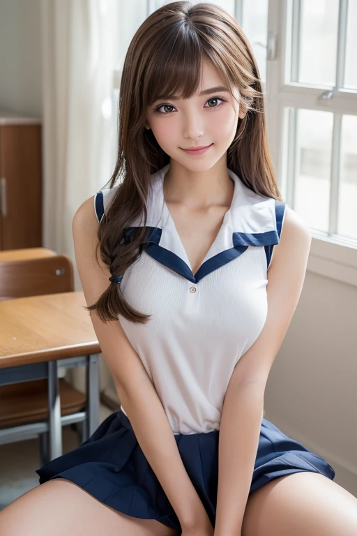 (超High resolution, masterpiece, Anatomically correct, Textured skin, Super Detail, Highest quality, High resolution, 8k, bloom, Front light), (Cute and sexy 18 year old schoolgirl, Sexy Face, Distant eyes, Gentle eyelids, Thin eyebrows, Gentle corner of the eye, Beautiful aquiline nose:1.4, It will totally charm you, Eyes that feel erotic, A taste of beautiful eroticism, Too cute beauty), (Brown Hair, Long Hair, Horizontal French Twist Hair:1.4, bangs), (Gal Makeup, eyeliner, Lip gloss), (Mid-chest, Slim proportions), (Looking into the camera, Photographed from the front:1.3, close), (Sleeveless sailor suit), (School, School room, Near large windows,Random Sexy Poses,whole body,sit,Spread your legs), (smile:1.2)