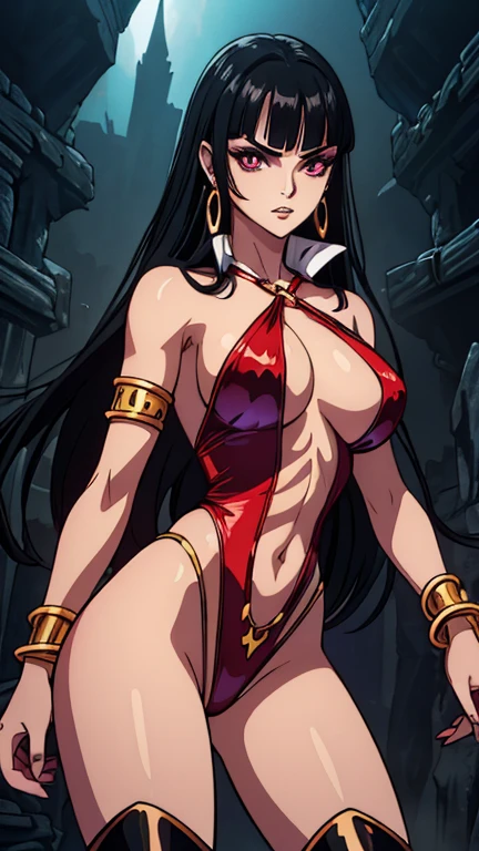 (1girl, Vampirella), (extremely detailed CG unit 8k wallpaper),(master part), (best quality), (ultra detail), (best illustration),(wanostyle), cowboy shot, (Sharp eyeliner, ombre, detail eyes), dark dungeon interiors background, ,break , (vamptech), bangle, armlet, boots,blunt bangs, black hair, long hair, slingshot swimsuit, criss-cross halter, earrings, eyeshadow, popped collar,
