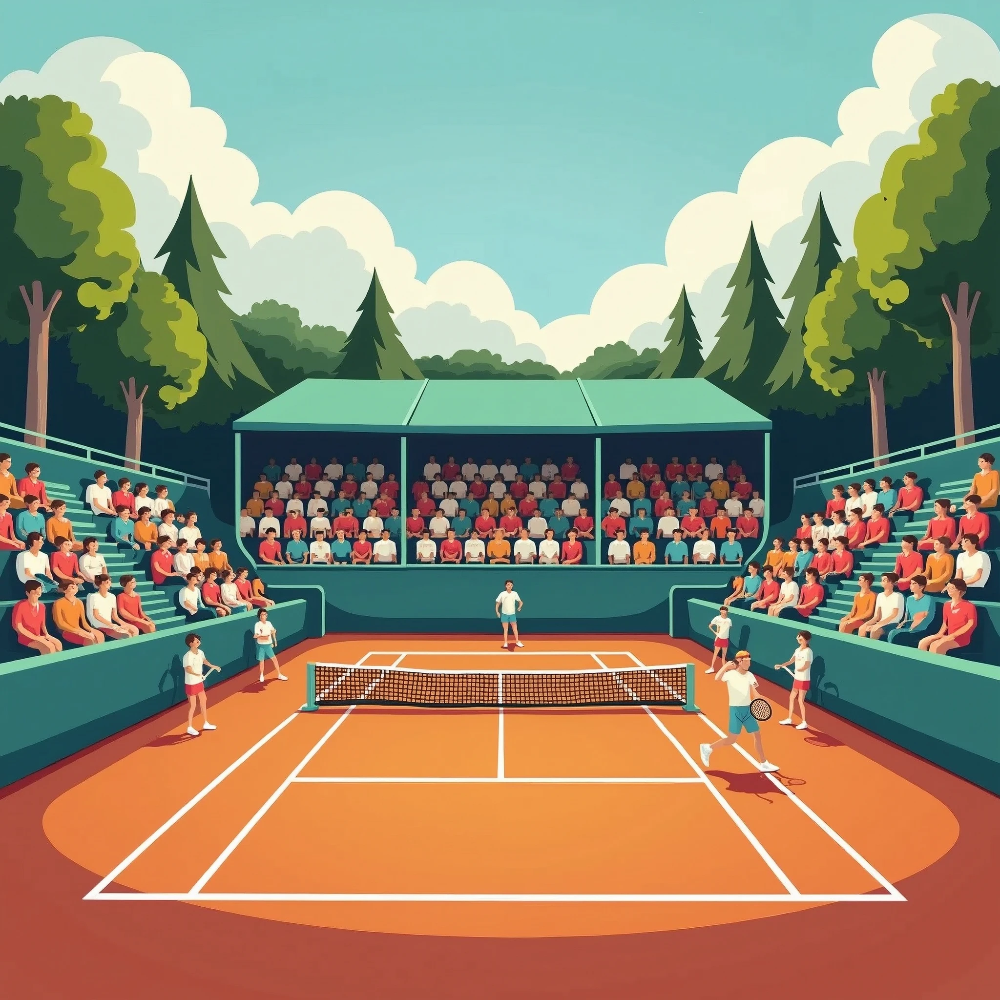 A flyer featuring a clay tennis court with stands and fans and tennis players