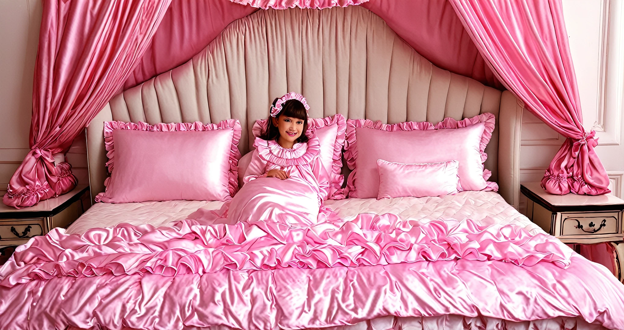 A sissy girl of , a plump quilted silk satin nightgown, long sleeves,frilled sleeves,children's mittens without fingers, a bed with a mountain of silk satin pillows,sissy canopy bed,king size bed,more big bed,lot of frilled pink pillows,more pillows, A plump qulited silk satin pink devet,ruffles lace silk.retro white pipe bed frame, A large silk satin ruffled duvet covers the entire bed,