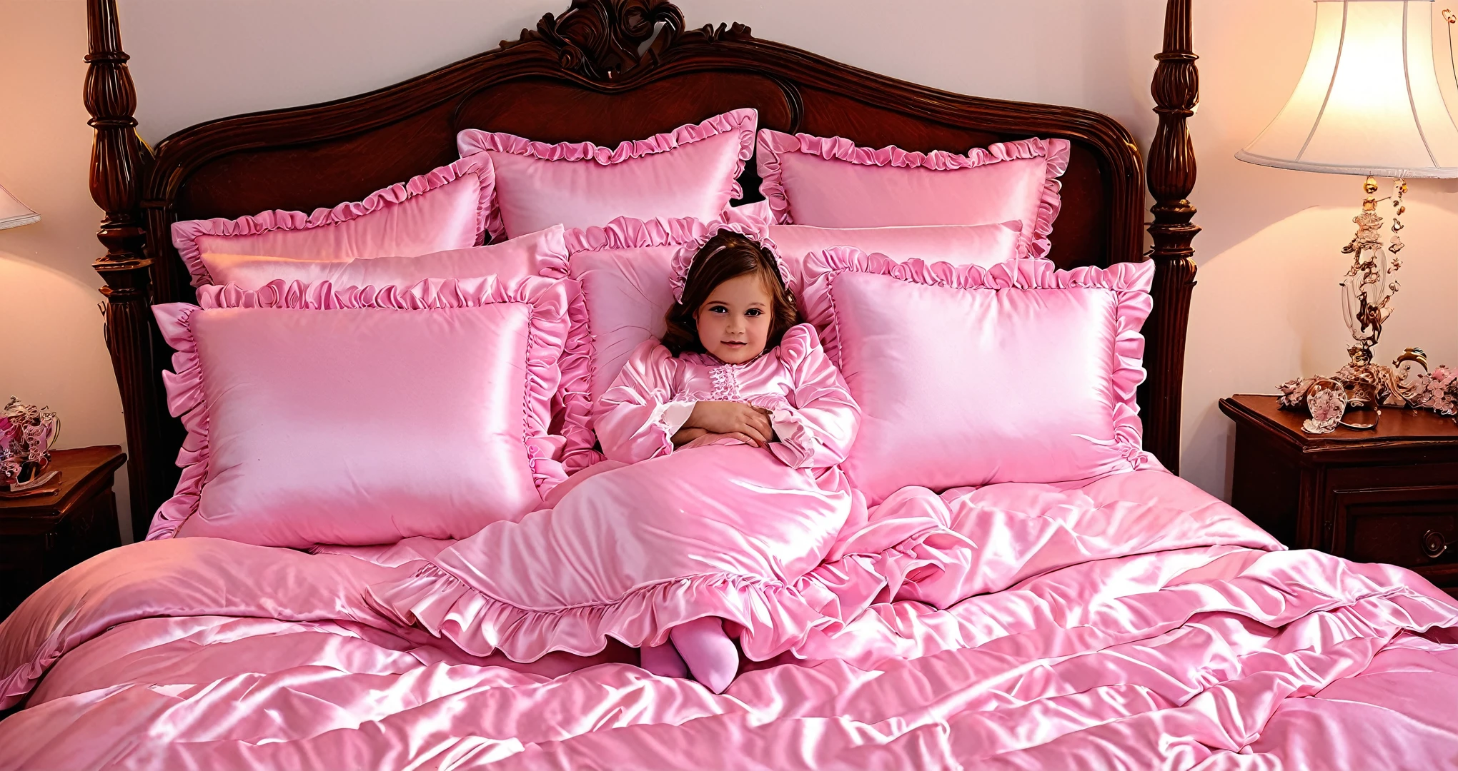 A sissy girl of 12 years old, a plump quilted silk satin nightgown, long sleeves,frilled sleeves,children's mittens without fingers, a bed with a mountain of silk satin pillows,sissy canopy bed,king size bed,more big bed,lot of frilled pink pillows,more pillows, A plump qulited silk satin pink devet,ruffles lace silk.retro white pipe bed frame, A large silk satin ruffled duvet covers the entire bed, 