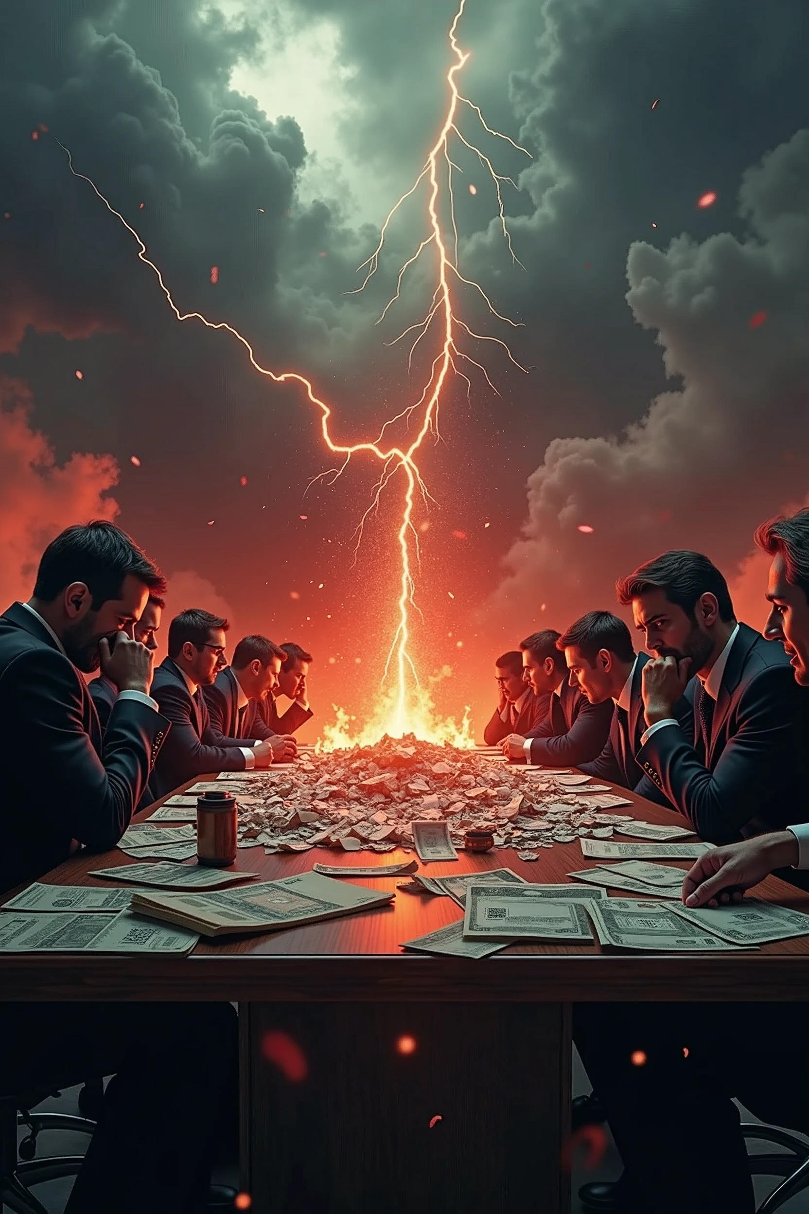 Create a hyper-realistic image depicting a catastrophic 50% drop in Nike's stock market value, symbolizing a severe and apocalyptic market crash. The atmosphere should be dark, ominous, and diabolical, evoking a sense of overwhelming crisis. The background should be a gloomy, stormy sky with swirling dark clouds and flashes of lightning, casting an eerie glow over a shattered stock market graph that shows a dramatic plummet.
In the foreground, show a group of high-ranking Nike executives in disarray, their expressions a mix of fear, panic, and despair. Their eyes should be wide with terror, some clutching their heads in disbelief, others frantically trying to salvage what they can. The surroundings should include burning stock certificates and crumpled financial reports scattered across a large conference table, with a large Nike logo that is cracked and crumbling.
Subtle details should include dark shadows looming over the executives, suggesting an almost supernatural force behind the crisis. The overall color palette should be dominated by deep reds, blacks, and grays, enhancing the atmosphere of doom and destruction. The image should capture the intensity and chaos of the situation, making it clear that this is a catastrophic event with dire consequences.