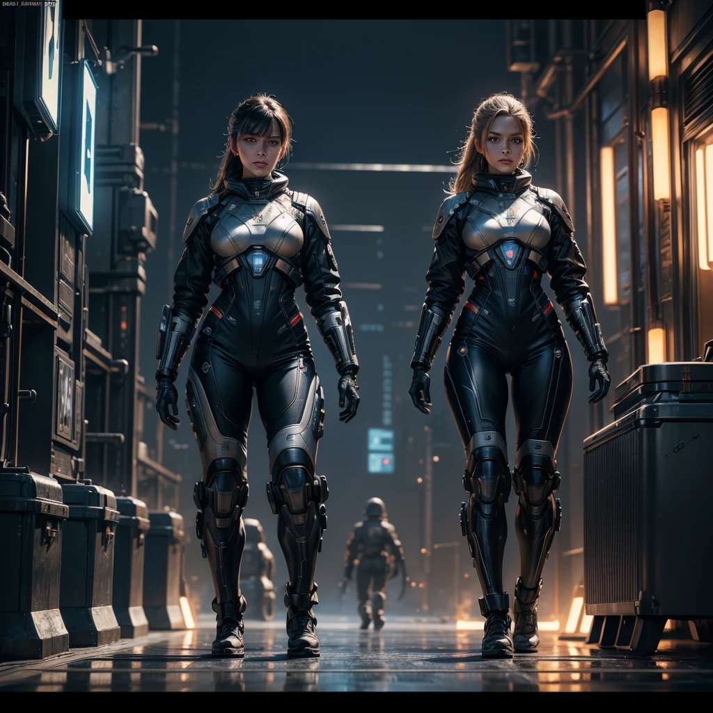 a woman in a futuristic uniform of the interstellar fleet academy, cyborg at her side, walking down a street of a planetary colony, highly detailed, cinematic, photorealistic, 8k, (best quality,4k,8k,highres,masterpiece:1.2),ultra-detailed,(realistic,photorealistic,photo-realistic:1.37),HDR,UHD,studio lighting,ultra-fine painting,sharp focus,physically-based rendering,extreme detail description,professional,vivid colors,bokeh,science fiction,concept art,dramatic lighting