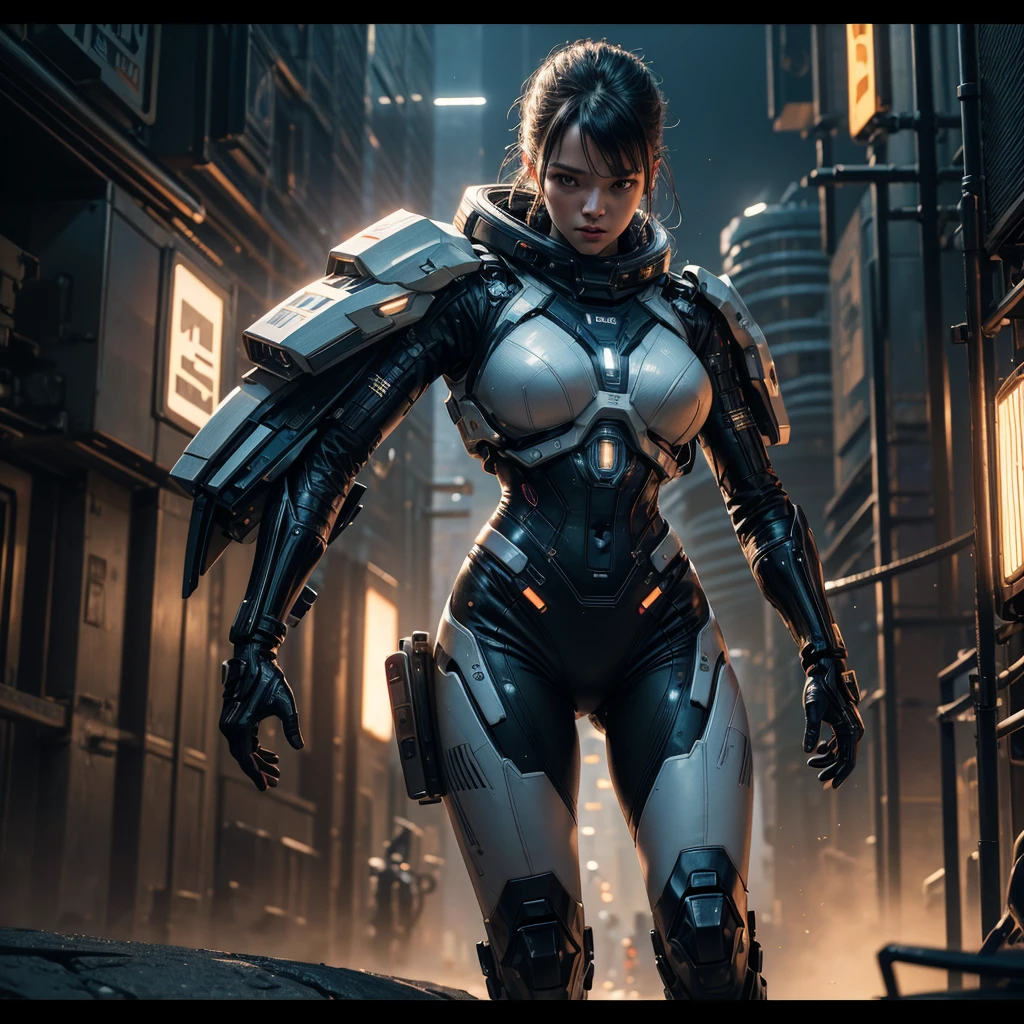a woman in a futuristic uniform of the interstellar fleet academy, cyborg at her side, walking down a street of a planetary colony, highly detailed, cinematic, photorealistic, 8k, (best quality,4k,8k,highres,masterpiece:1.2),ultra-detailed,(realistic,photorealistic,photo-realistic:1.37),HDR,UHD,studio lighting,ultra-fine painting,sharp focus,physically-based rendering,extreme detail description,professional,vivid colors,bokeh,science fiction,concept art,dramatic lighting