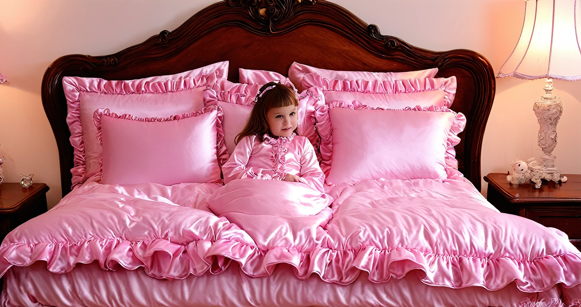 A sissy girl of 12 years old, a plump quilted silk satin nightgown, long sleeves,frilled sleeves,children's mittens without fingers, a bed with a mountain of silk satin pillows,sissy canopy bed,king size bed,more big bed,lot of frilled pink pillows,more pillows, A plump qulited silk satin pink devet,ruffles lace silk.retro white pipe bed frame, A large silk satin ruffled duvet covers the entire bed, 