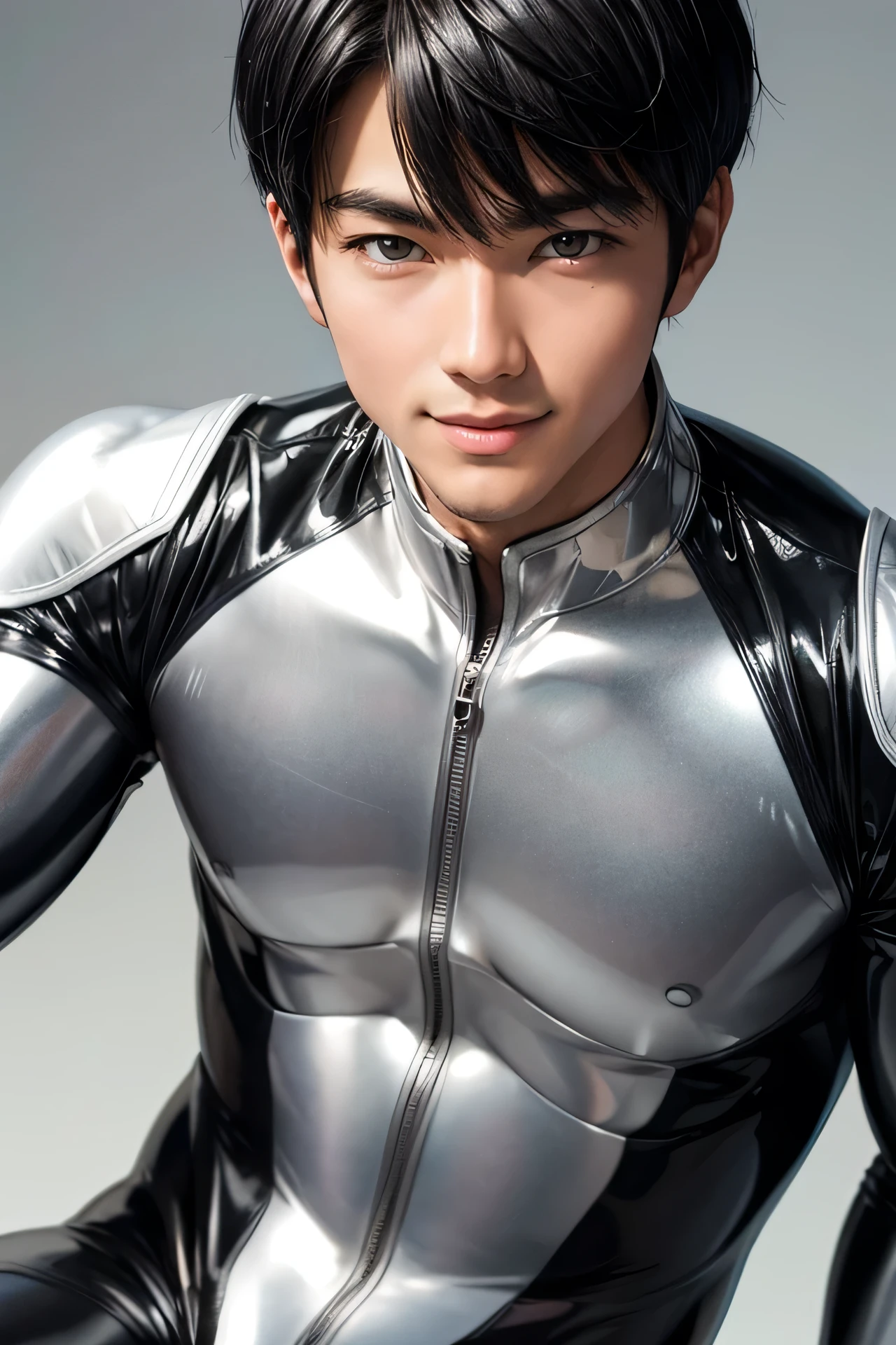 Handsome Japanese male models 22 years old smile Black Hair Short cut Short bangs looking at the camera Shiny full-body silver suit Shiny silver latex suit Mega Bulge looking at the camera future world Upper body close-up Face close-up dynamic pose