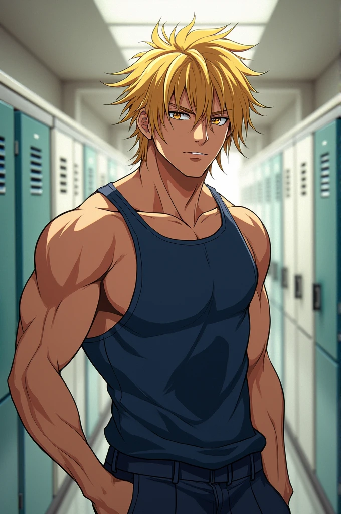 Please draw a Japanese high school boy。Her hair is golden and medium long.。He is 185cm tall and has a slim muscular build.。The face has a manly, chara-like appearance.