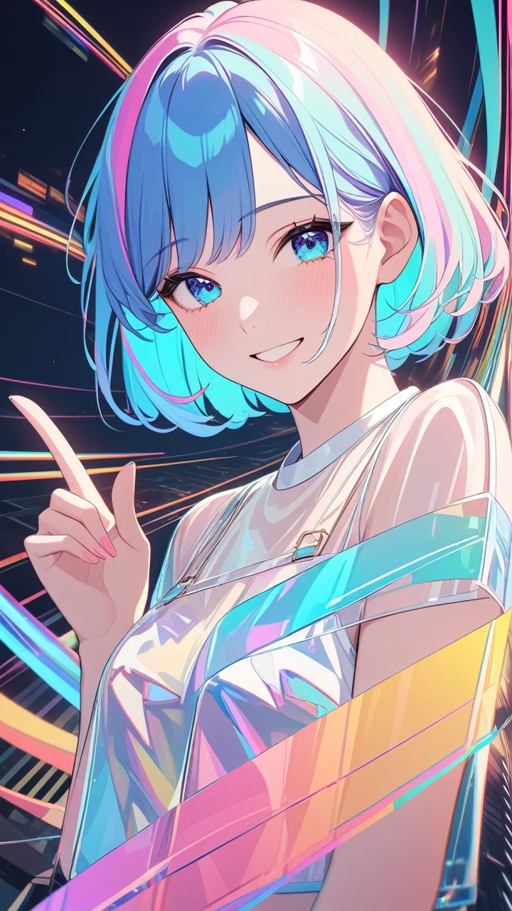 masterpiece,Highest quality,Ultra Wide Angle,Finger Spectator,One girl,pink and blue hair,hand,Cute anime face,tears,masterpiece,Transparent PVC clothing,Transparent Vinyl Clothing,whole body,glitch lump}On the face,smile,Medium Hair,Film Grain,lens_Flare,colorful,chromaticaberration,Dynamic POV,Mouth closed,Intense emotional expression:die,glitchart,Very detailed,Very delicate and beautiful,albumcover,album,albumdescription,PixilationOn the face,Double exposure,chromaticaberration,Light leakage,Noise and particles,Color Deterioration,Glitch lettering,art,abstractart,geometry,Clear Line,square,bright,Limited edition palette,{Canonical Configuration},Clean diagonal striped background,{{Blue and whiteの縞模様の背景}},{Limited edition palette},Flat Color,Blue and white,No background