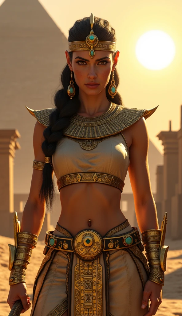 A powerful, photorealistic portrait of Lara Croft from "Tomb Raider" reimagined as an ancient Egyptian warrior queen. Lara stands regally in front of a colossal, sunlit pyramid, her expression fierce and commanding. Her iconic braid is styled with gold rings and beads, falling over a headdress adorned with a cobra and intricate hieroglyphs. She wears a golden, form-fitting armor decorated with ancient symbols and inlays of turquoise and lapis lazuli, blending her usual adventurous style with royal Egyptian attire. In one hand, she holds a curved khopesh sword, lerge breasts, tattoos, its blade glowing with a mystical aura, and in the other, a golden staff topped with the Eye of Horus. Her skin glistens with a sun-kissed glow, and her eyes are lined with kohl, exuding power and authority. The background features a grand temple complex, with towering statues and a blazing sun overhead, creating an epic, historical atmosphere where she rules as both a warrior and a queen.