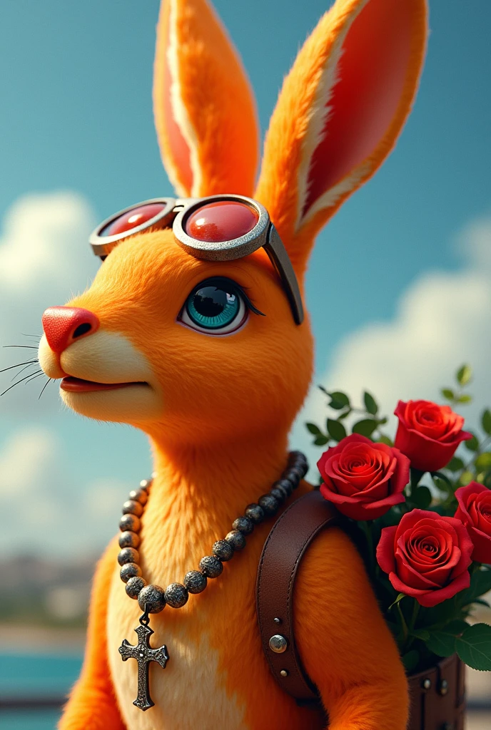 Orange hare with airplane pilot with Santa Rosa de Lima theme from Peru and bouquets of red roses and cross necklace