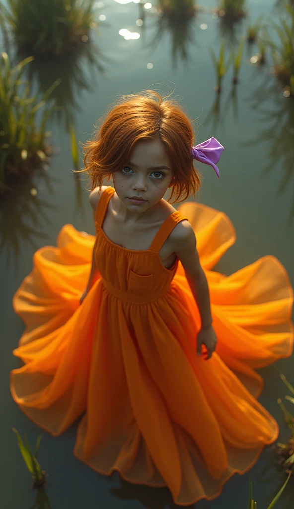Manconcept art, overhead angle of a Will-o'-the-wisp, wearing Funny Somali Emerald deep orange Pinafore, Caramel hair styled as Short hair, fluorescent purple Hair tie, equirectangular 360, Highres, [(art by Willi Baumeister:1.1), (art by John T. Biggers:1.2)::17], official art, unity 8k wallpaper, ultra detailed, aesthetic, masterpiece, best quality, photorealistic