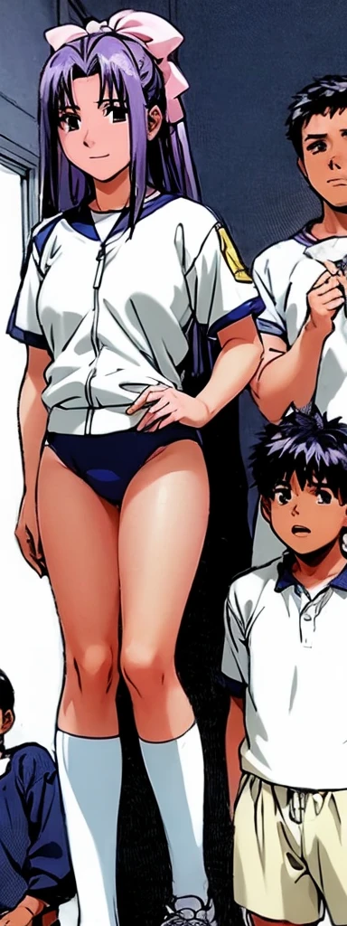 Momoko Koigakubo, with her beautiful legs, is standing with a smile on her face in a white gym suit and light navy blue bloomers that look like panties.。A boy in a jersey is being held by Momoko Koigakubo。