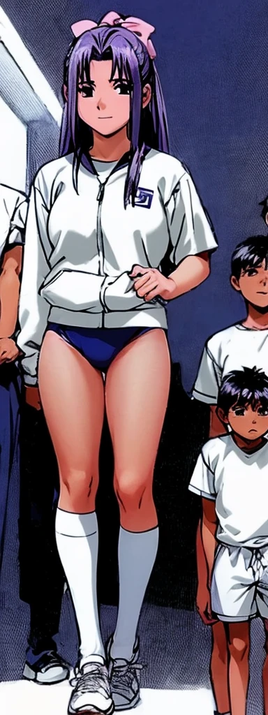 Momoko Koigakubo, with her beautiful legs, is standing with a smile on her face in a white gym suit and light navy blue bloomers that look like panties.。A boy in a jersey is being held by Momoko Koigakubo。