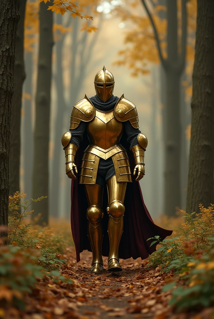 Knight in golden armor walking through a forest