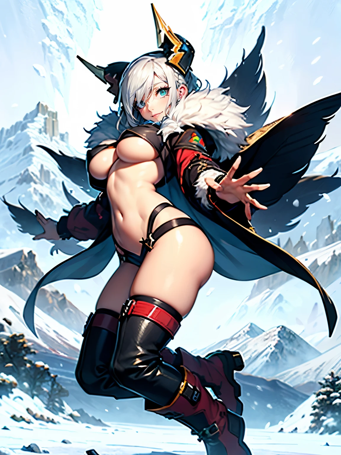 ((Seductive lady:1.3, solo:1.2))、((fusion of fox and lady:1.nowy mountains:1.4))、((blizzard:2))、((pelts clothes:1.2))、((fur boots))、((slant eyes:1.2))、((dynamic angle:1.3))、((full body))、((underboob:1.3))、((Glossy realistic skin texture))、((shiny skin))、((Meticulously drawn hands))、perfect anatomy、masterpiece, ultra-detailliert, 8k, hiquality, Top image quality, Smooth texture、watercolor