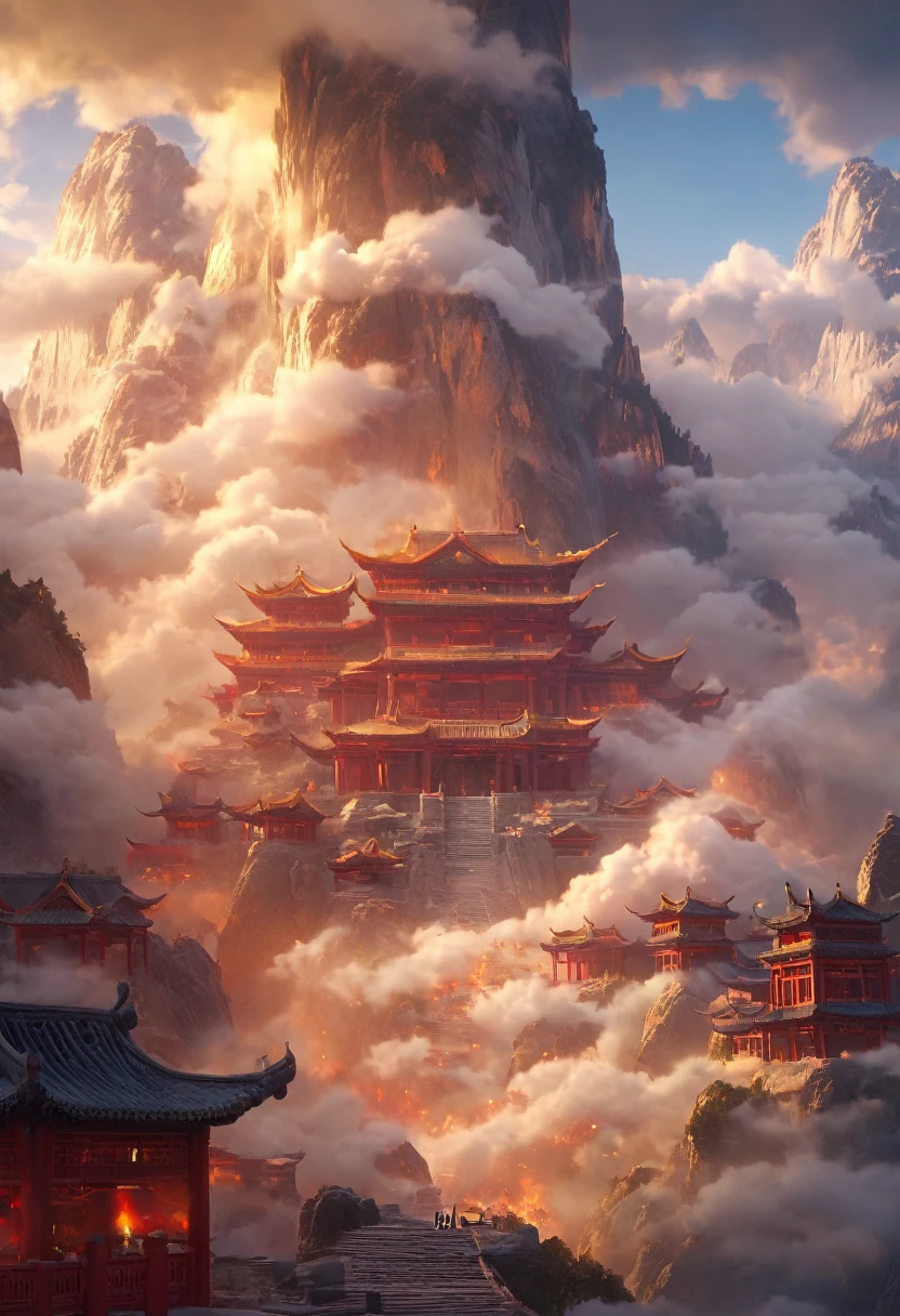 Dans un monde imaginaire, l'architecture traditionnelle de la Chine, mountains de feu Angora, clouds, the sun, the sky, mountains, la foudre (High quality, 4K, high resolution, masterpiece : 1.2), extremely detailed, (reality : 1.37), couleurs vives, effet de brouillard, Bright light.