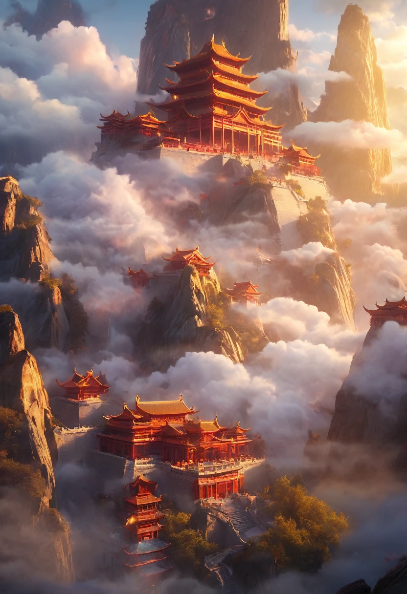 Dans un monde imaginaire, l'architecture traditionnelle de la Chine, mountains de feu Angora, clouds, the sun, the sky, mountains, la foudre (High quality, 4K, high resolution, masterpiece : 1.2), extremely detailed, (reality : 1.37), couleurs vives, effet de brouillard, Bright light.