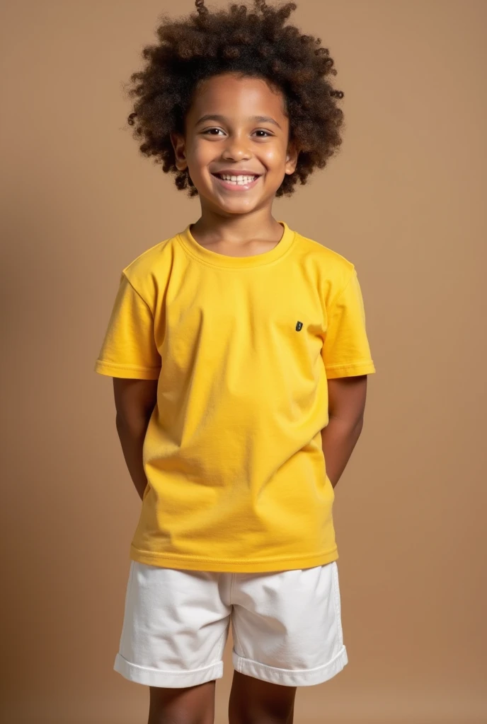 Masculine boy with yellow shirt and white shorts brown