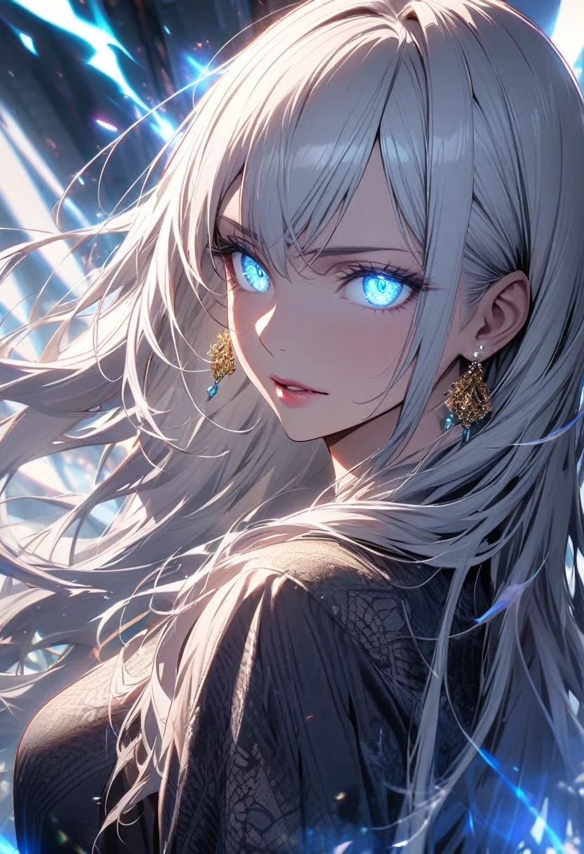 woman, blue eyes, long hair, white hair, mature, , diamond earings, beautiful, high detail, beautiful color, holo, light aura, glowing eyes