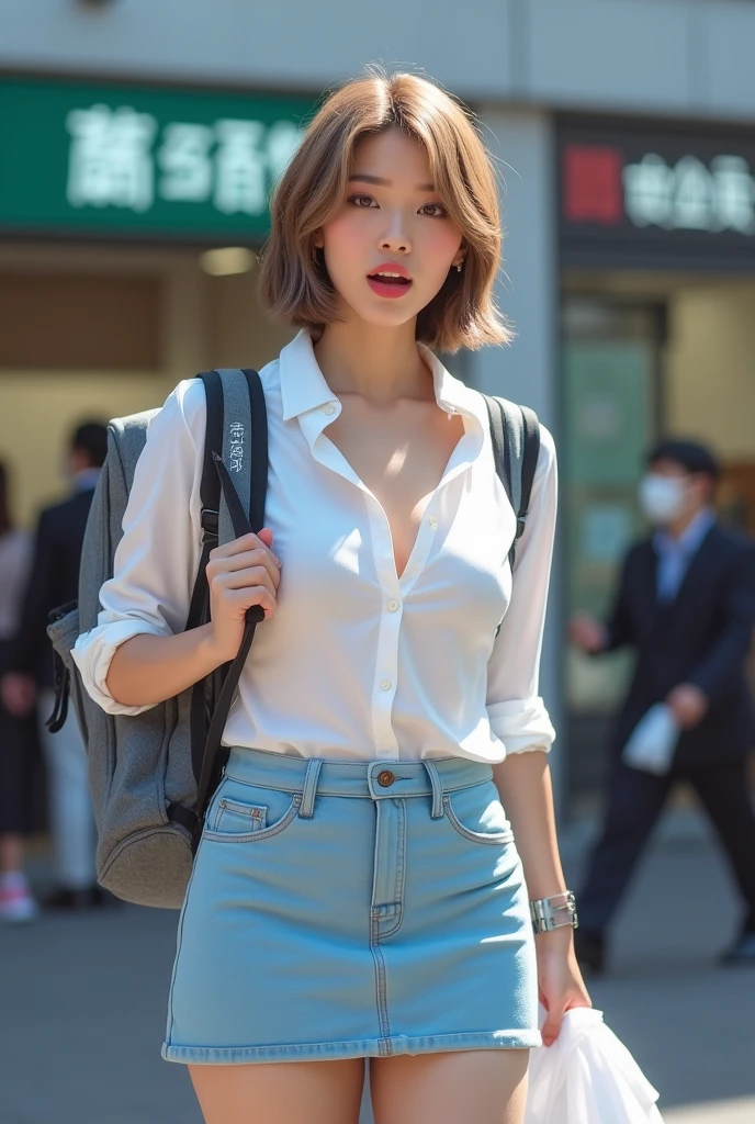(NSFW:1.5), 1 Female, Age 35, Japanese, Beautiful mature woman, Heavy makeup, Handing out pocket tissues with financial company names on them to passersby in front of the station, Carrying a large backpack full of tissues, White compact stretch blouse, Stretch blouses dig into your skin, The stretch blouse expands the chest area., Body-conscious light blue low rise&Super mini skirt, The skirt has「Takefuji」and company logo, (( face)), In the heat of 39 degrees Celsius, Feeling dizzy and red in the face, Open mouth calling out loud, {{{Vulgar}}}, (Enormous breasts), Short hair bleached light brown, (Perfect ???????), (Vulgar), ((Sweat soaked through the blouse)), Mastepiece, It's photorealistic, background: In front of the Karasumori exit of Shinbashi Station in midsummer