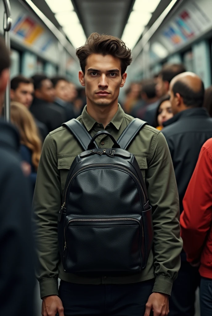 A person travelling in local train and standout around a lot of people. Give me the front view and a person should wear a black leather backpack
In the image person should looking confident
In the picture a person should come in front of me
Convert the person to 180°. The bag he wear it has no details it should a plain backpack. The zip of the backpack is also not visible