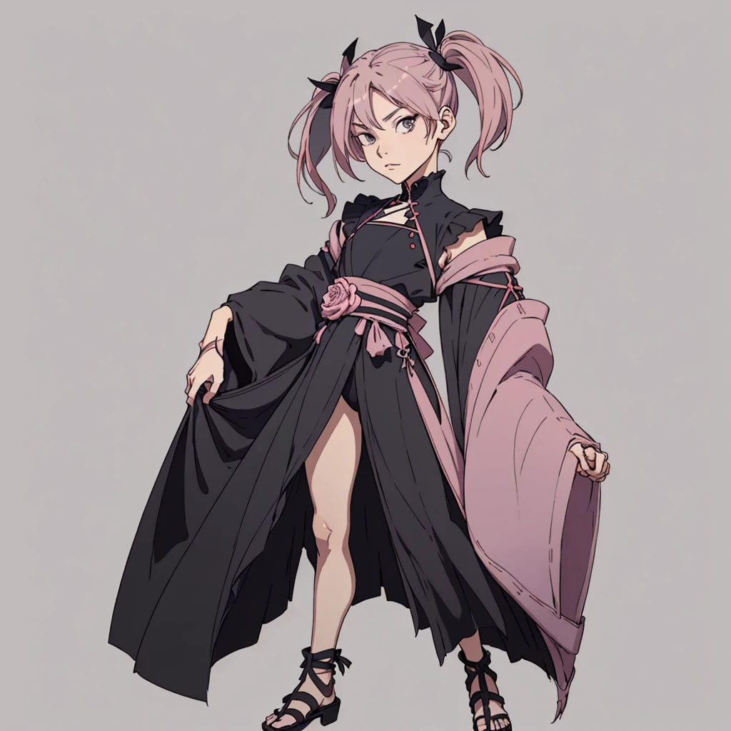 (masterpiece), (best quality),(portrait),1girl,solo,(sharp focus),(look at viewer), sazanami, two side up,twin tails,rose pink hair, flat chest, full body view,ancient long clothes,black outfit,rogue outfit,black ribbons,old school fantasy art,((simple background)),(gray background),