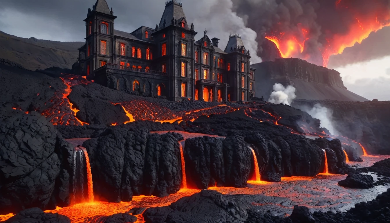 Fantasy, Large medieval stone mansion in a volcanic valley, Black mountains and lava, hot, Lava cascades down the cliffs in the background.,Covered in lava, No windows