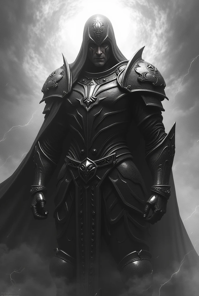 Make a black and white paladin with a demonic aura with shading on the face