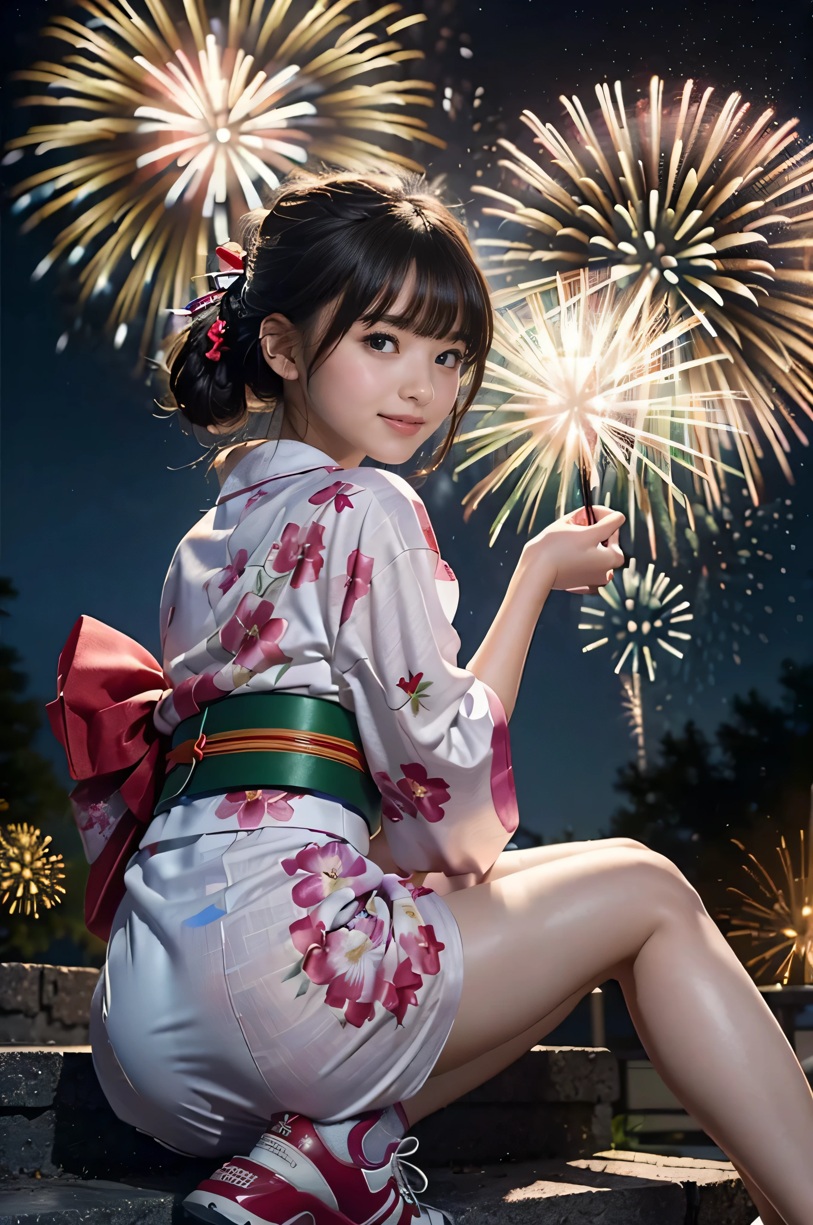 (masterpiece, Highest quality:1.2), 8k, Young and beautiful girl, (((RAW Photos:1.4))), Baby Face、14 years old, Beautiful black hair, Very cute and beautiful high school student,(Very beautiful face and eyes:1.2), smile, (Pink Japanese thin yukata),(From below:1.2),Remember,From behind,Leaning forward,(Cowboy Shot),Beautiful legs,White panties, garden,Stone stairs, (Highest quality,masterpiece:1.2),Intricate details,High resolution,1 Girl,alone,Cinema Lighting, sneakers, Starry Sky, (Lots of fireworks:1.4),