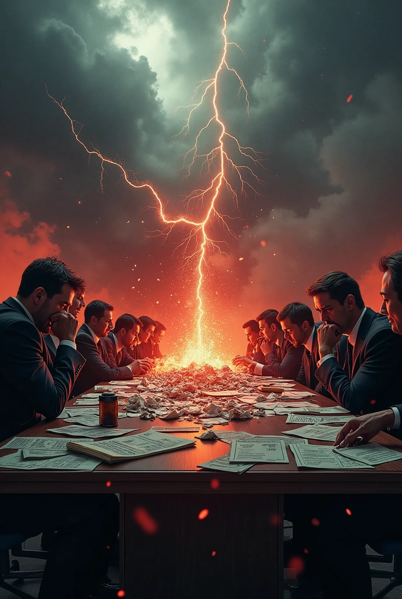 Create a hyper-realistic image depicting a catastrophic 50% drop in Nike's stock market value, symbolizing a severe and apocalyptic market crash. The atmosphere should be dark, ominous, and diabolical, evoking a sense of overwhelming crisis. The background should be a gloomy, stormy sky with swirling dark clouds and flashes of lightning, casting an eerie glow over a shattered stock market graph that shows a dramatic plummet.

In the foreground, show a group of high-ranking Nike executives in disarray, their expressions a mix of fear, panic, and despair. Their eyes should be wide with terror, some clutching their heads in disbelief, others frantically trying to salvage what they can. The surroundings should include burning stock certificates and crumpled financial reports scattered across a large conference table, with a large Nike logo that is cracked and crumbling.

Subtle details should include dark shadows looming over the executives, suggesting an almost supernatural force behind the crisis. The overall color palette should be dominated by deep reds, blacks, and grays, enhancing the atmosphere of doom and destruction. The image should capture the intensity and chaos of the situation, making it clear that this is a catastrophic event with dire consequences.

