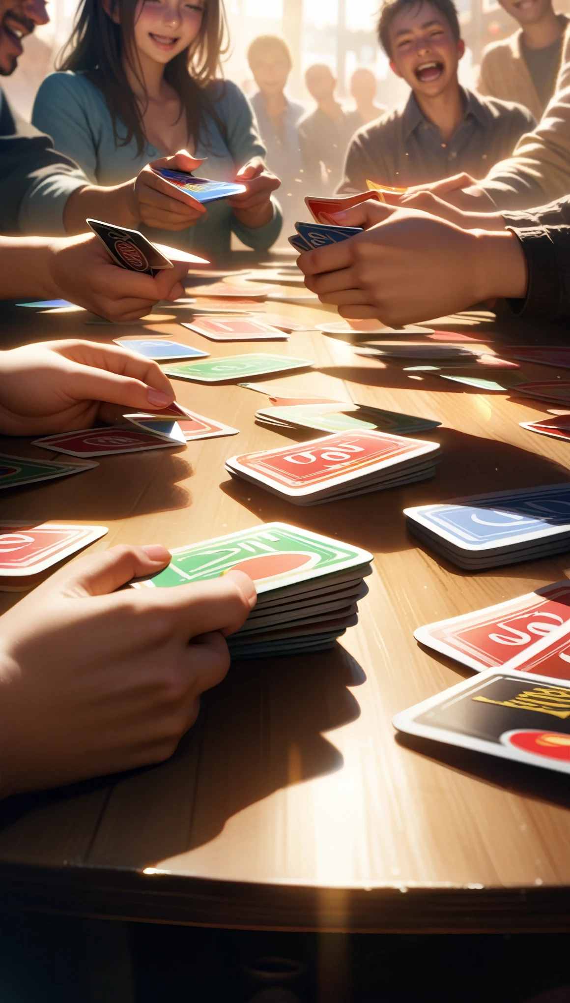 Masterpiece, Best Quality, Super Detailed, High Definition, HDR, Realistic, vibrant and colorful scene, dynamic card game of UNO, multiple players gathered around a table, holding colorful UNO cards, intense expressions, mid-game action, close-up of hands holding UNO cards, one player about to place a winning card, excitement and tension in the air, diverse group of players, cheerful and lively atmosphere, bright and vivid colors, soft light and shadow, realistic details in the cards and hands, casual and fun setting, energetic mood, cinematic light, bokeh effect, playful and social environment, smooth textures, fine details.