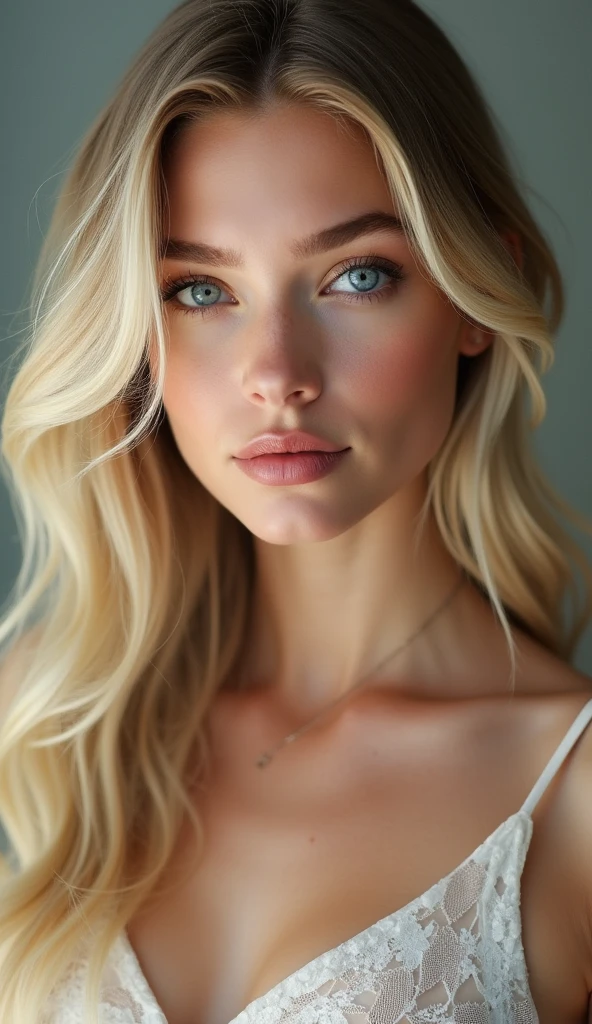 Create a female character who is a beautiful blonde woman with blue eyes. She must have a charming personality, with a combination of intelligence, charisma and sensitivity. Describe it in detail, including your fashion style, hobbies, and a brief life story that shows how she became the incredible person she is today. full body photo! from head to toe!