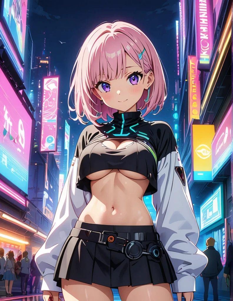 (anime artwork, anime style, studio anime, very detailed, up to date, vibrant, Anime Coloring, high contrast, masterpiece:1.2, best quality, best aesthetics),1 girl,cyber punk clothes, Medium chest, A glimpse of thighs,cyber punk hair, One eye is hidden by the bangs, perfect proportions, high detail skin, Cute, detailed faces,cyber punk city,night, large breasts, cutout between underboob and shirt,very short pleated miniskirt