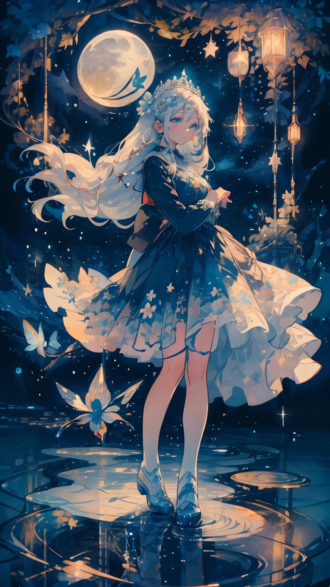 (Mastepiece), (Best Quality), Very detailed, 1 girl, (Full body solo shot:1.5), Perfect Face, beautiful girl, Very detailedな顔,(Blue Princess Dress:1.4)、(White hair long hair:1.5),(blue eyes:1.4),(tiara:1.2)、(White flower:1.4)、(Blue Butterfly々:1.3)、(Sparkling:1.3)、moonlight、流れstar、(night、star空、White Moon:1.4)、star々、moonlight