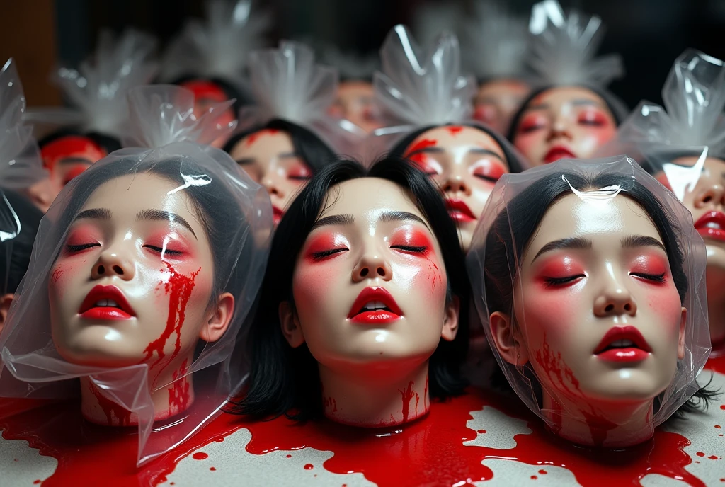 Several decapitated heads of beautiful women in transparent plastic bags, on a table, in a public market, full of blood, blood flowing, ((eyes closed)), bleeding, photorealistic, 4K, Nikon, horror, public market, beautiful asian face