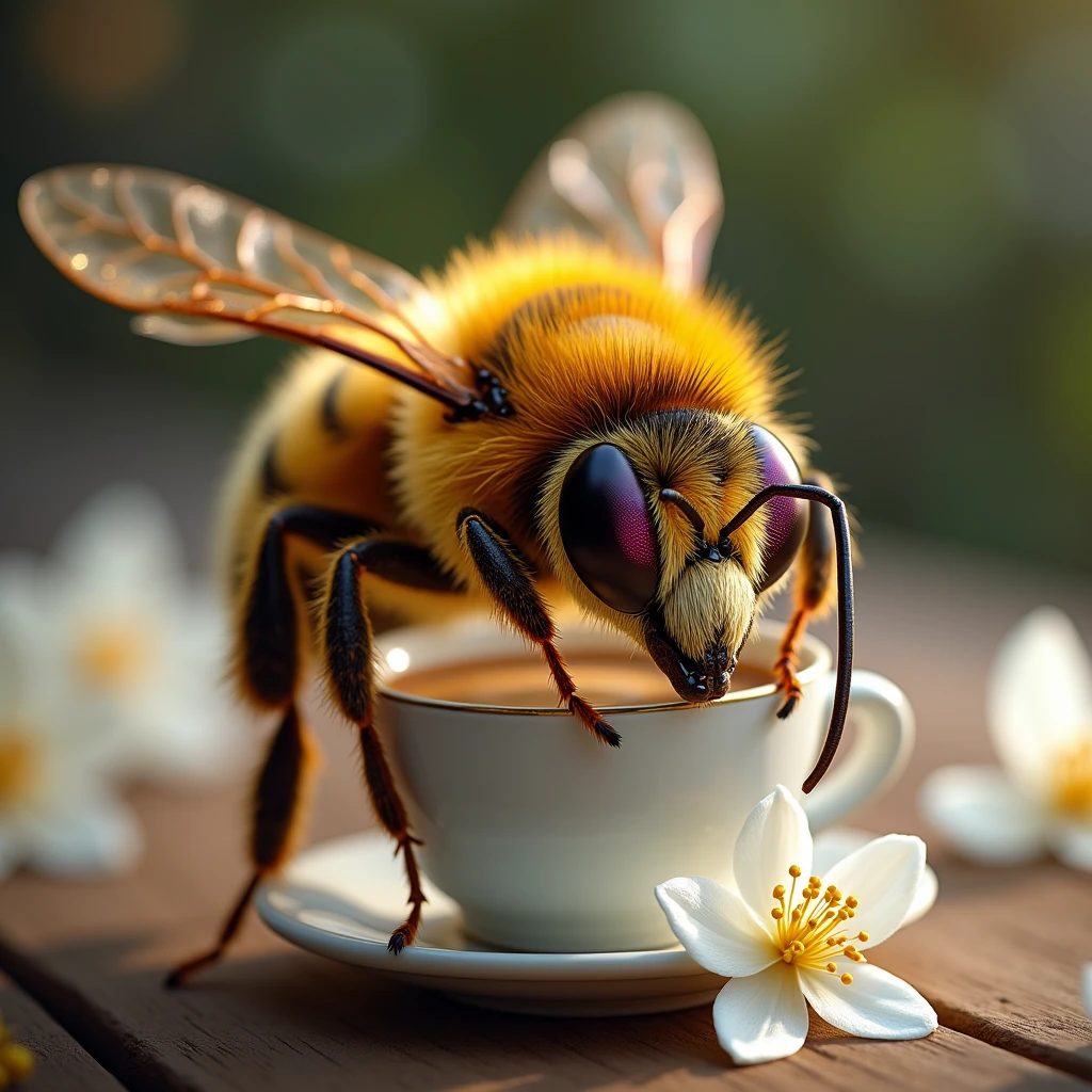 a fantastic anthropomorphic image of a bee with bulging ruby ​​diamond eyes, sapphire legs, golden wings, drinking its coffee in a cup on a jasmine flower, full HD, 16k