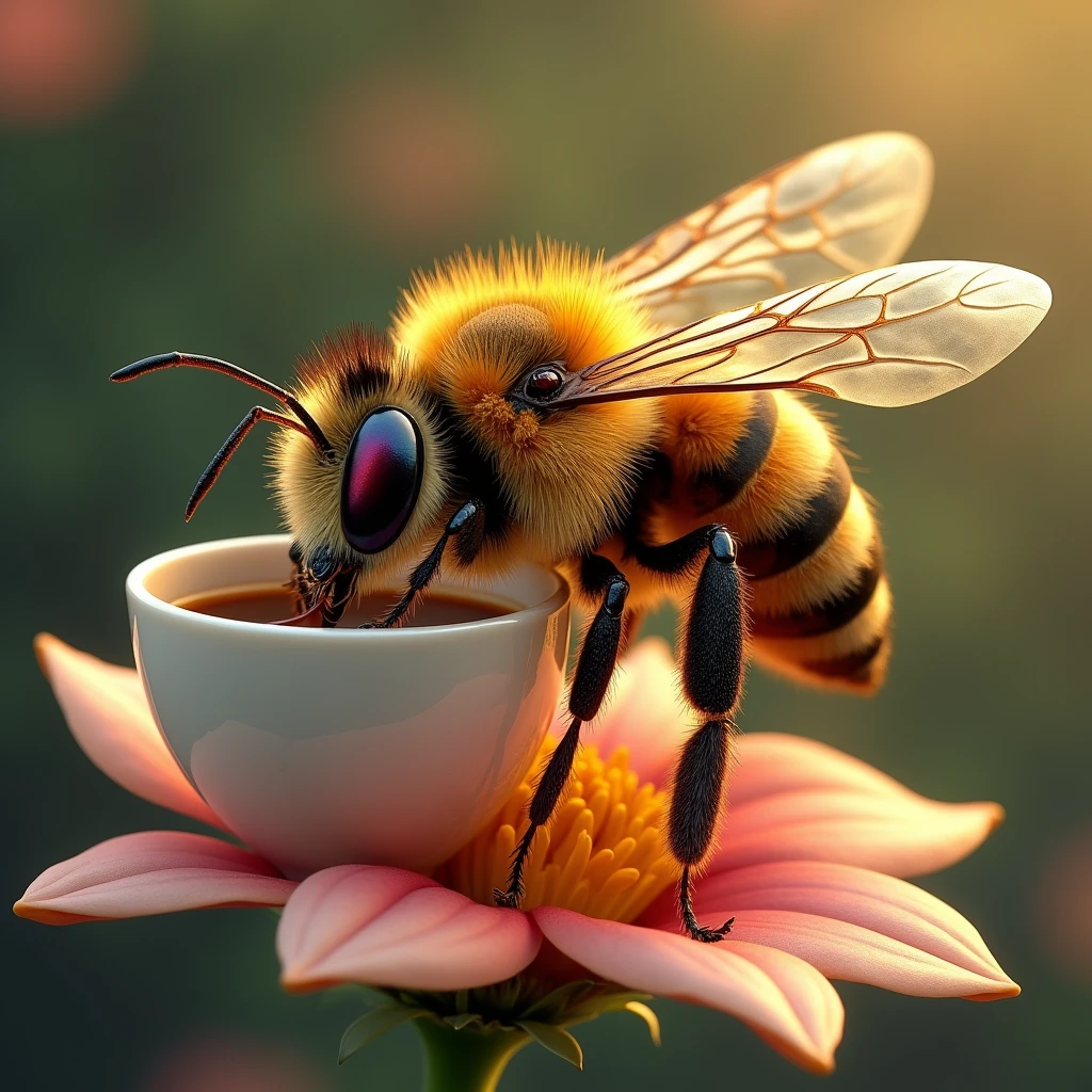 a fantastic anthropomorphic image of a bee with bulging ruby ​​diamond eyes, sapphire legs, golden wings, drinking its coffee in a cup on a jasmine flower, full HD, 16k