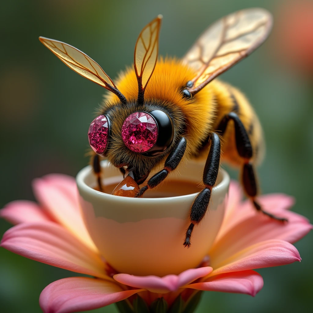 a fantastic anthropomorphic image of a bee with bulging ruby ​​diamond eyes, sapphire legs, golden wings, drinking its coffee in a cup on a jasmine flower, full HD, 16k