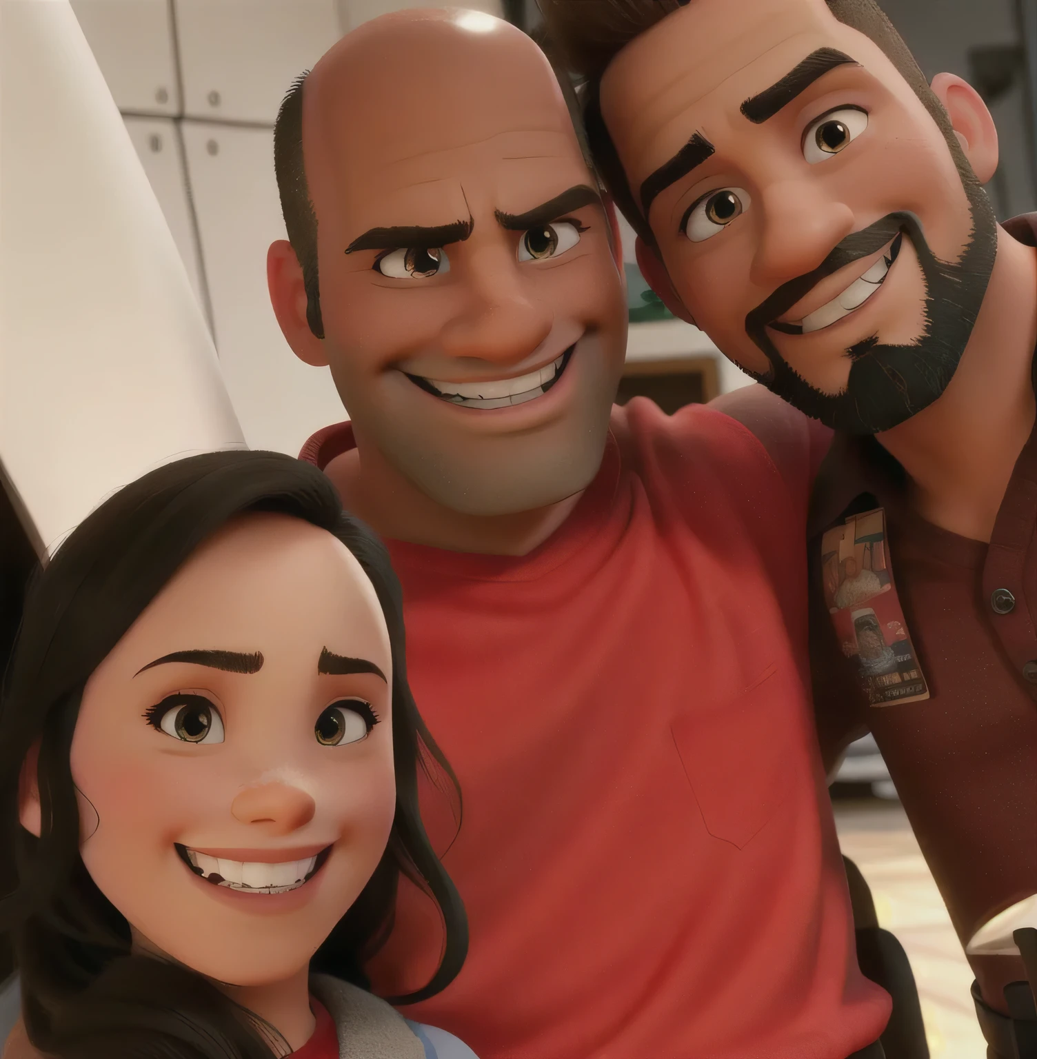 a bald man in the middle smiling on the left side with a girl with big teeth and on the right side a bearded man with big teeth, Pixar style, with high quality