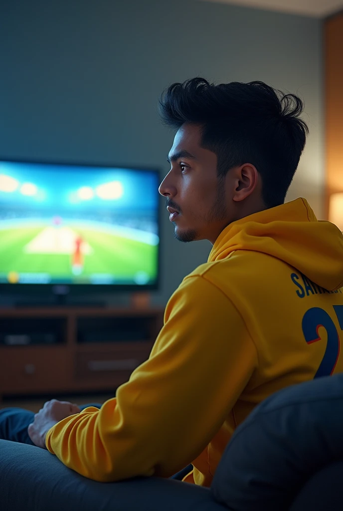 Image cricket watching in televisnion
young
Name Satyam jersey number 25 yellow hoodie side face beautiful handsome