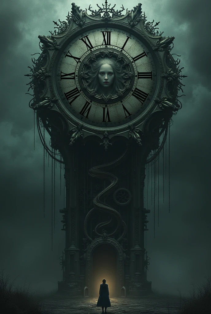 A huge clock of a time maxhine wirh a girls picture that is vague and very dark colours included and looks and gives dark vibes and with twisting musteriius nature and other details  make it blackened darkness and only the clock visible and not any other part of it and no other part of picyure with a girl's face vaguely shown inside of the clock it should not be a horror lind of way but a picture that gives mustery and dark romance vibes 