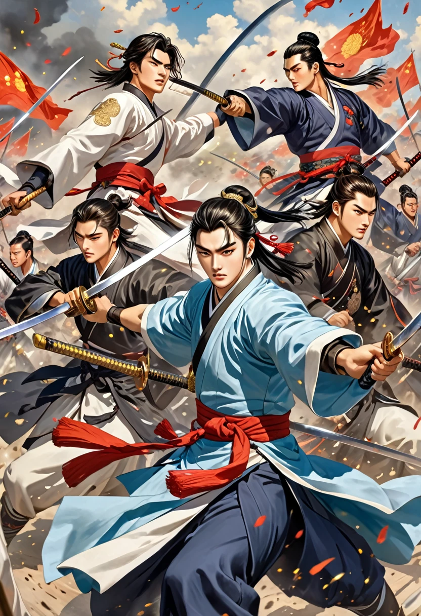 aenimeiyeon , JoJo, Zhuge Liang, oiling, handsome, 3 people, sweet boy, young man, battle, china, The Great War, weapon, They fight each other with swords, Three Kingdoms of the jeogbyeogdaejeon, tactician