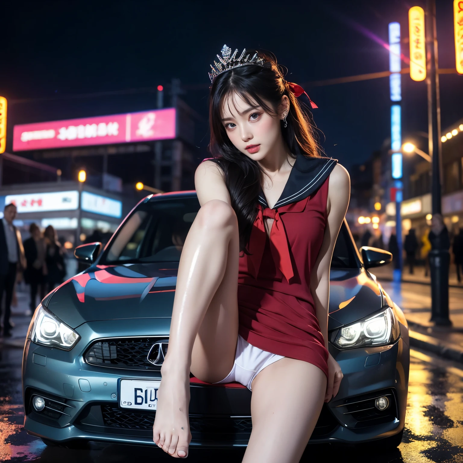 SFW, (Closeup from Crotch to Face) ExtremelyDetailed (SchoolGirl Lean against the Car) Spread Knees Up, perfect face, Brilliant(Tiny Crown), Detailed(Delicate Clothing textures) Sailor Uniform with Red Ribbon (((WhitePanties))), PerfectHand with Childish 4Fingers and one Thumb, Corrected Leg to Foot Line, ((Starry Colorful Lights at Dusk City)) Large Screens, ((Specular Reflection:1.32)Shiny Wet Road)Shiny Cars, ((Hidden Arm) Hidden Sole) Red[High-heels], TopQuality 8K Ultra-detailed masterpiece (ProfessionalPhoto:1.37)(Acutance:0.8)