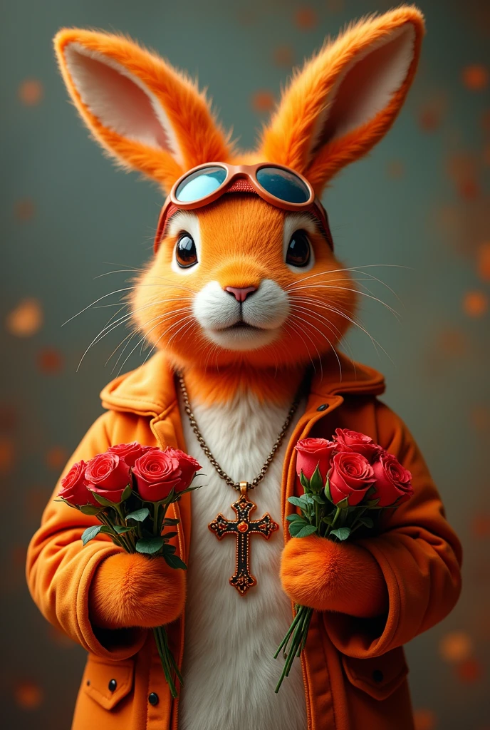 Orange hare as if he were an airplane pilot, with a theme of Santa Rosa de Lima from Peru and bouquets of red roses and a cross necklace