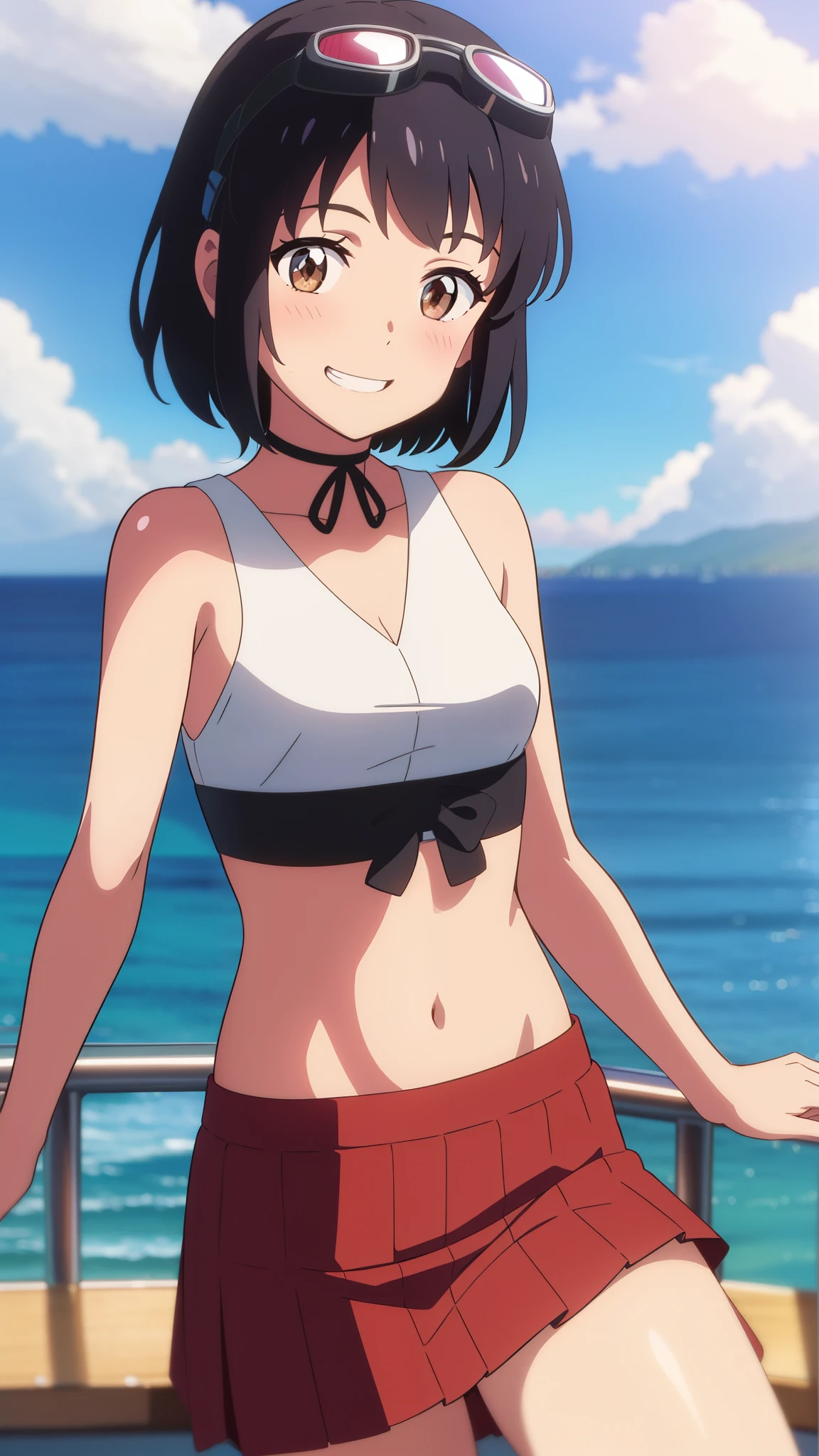 shinkai makoto, kimi no na wa., 1girl, bangs, black hair, blush, brown eyes, perfect face, looking at the viewer, idol costume, red ribbon, short hair, solo, shinny skin, smile, cute, open mouth, grin, hair ornaments, crop top, navel, goggles on head, skirt, On a yacht, Beautiful background, The background is a beautiful sea, joy, (masterpiece), best quality