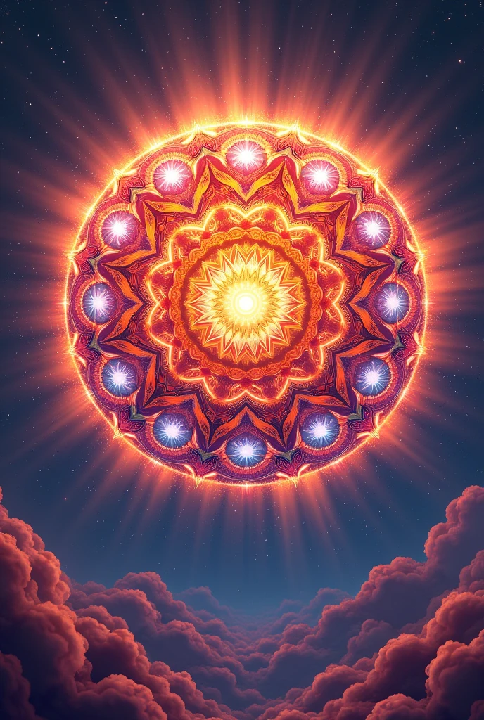 Psychedelic sun with mandala patterns