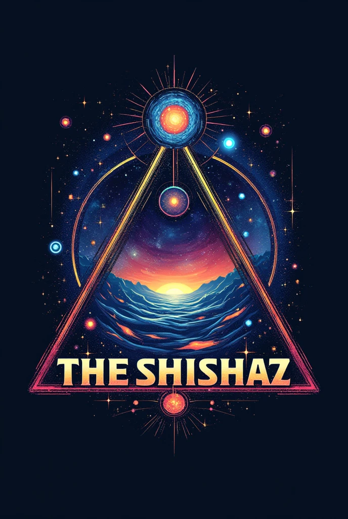 Create THE SHISHAZ best band logo for me like exploring universe, black hole, warm hole, stars, planet, milkey way, universe, music, orbit, moons, and much more other space stuffs make it in a triangle and circle and use a good fonts