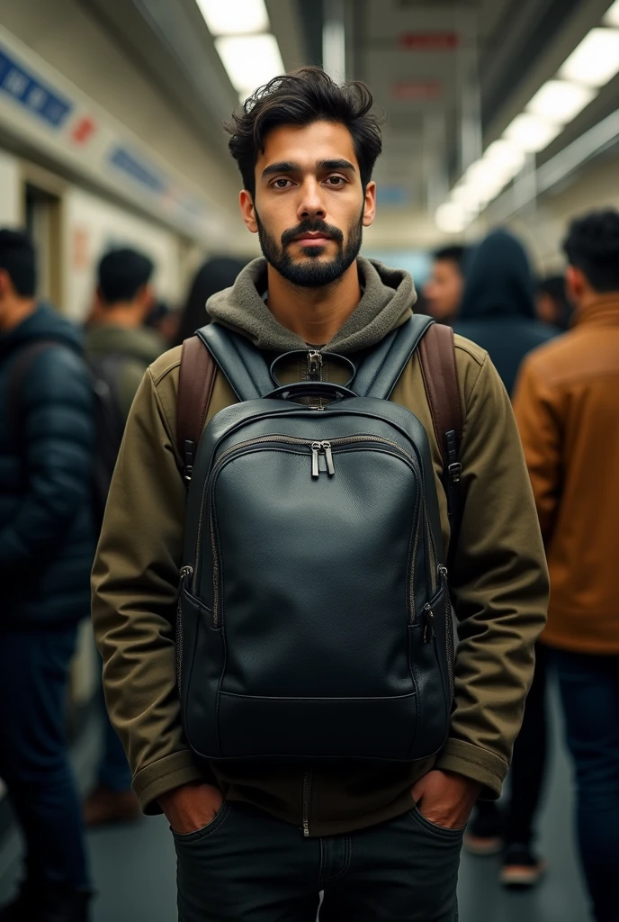 A person travelling in local train and standout around a lot of people. Give me the front view and a person should wear a black leather backpack
In the image person should looking confident
In the picture a person should come in front of me
Convert the person to 180°. The bag he wear it has no details it should a plain backpack. The zip of the backpack is also not visible in the image