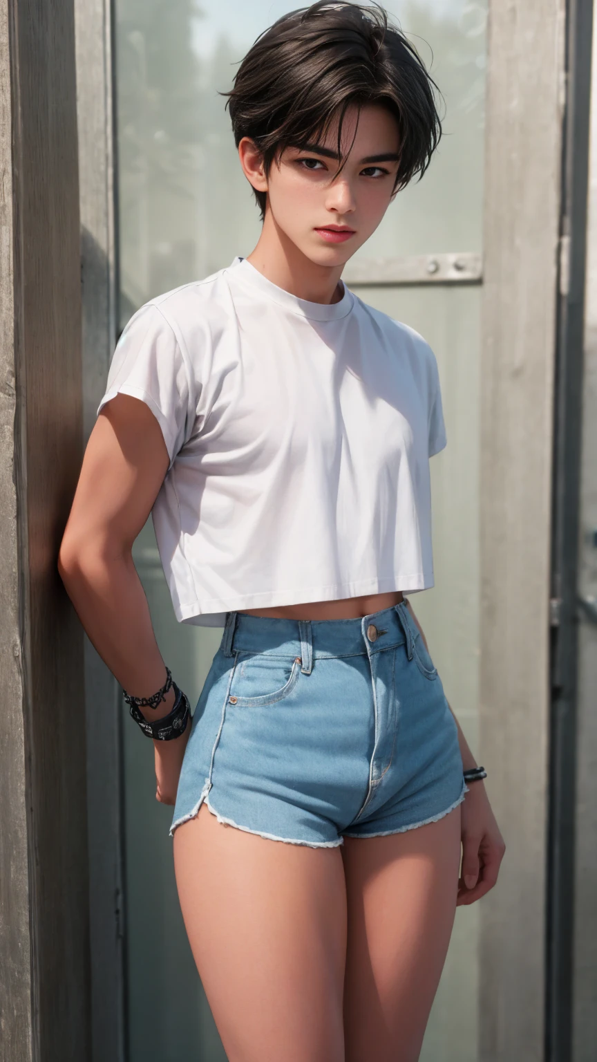 Handsome boy 18 years old, tanned, cute face, brown eyes, dark hair, bangs, wearing short sleeved cropped shirt and excessively short mini shorts, long slim legs, bracelets, flirtatious pose, hot summer, top quality